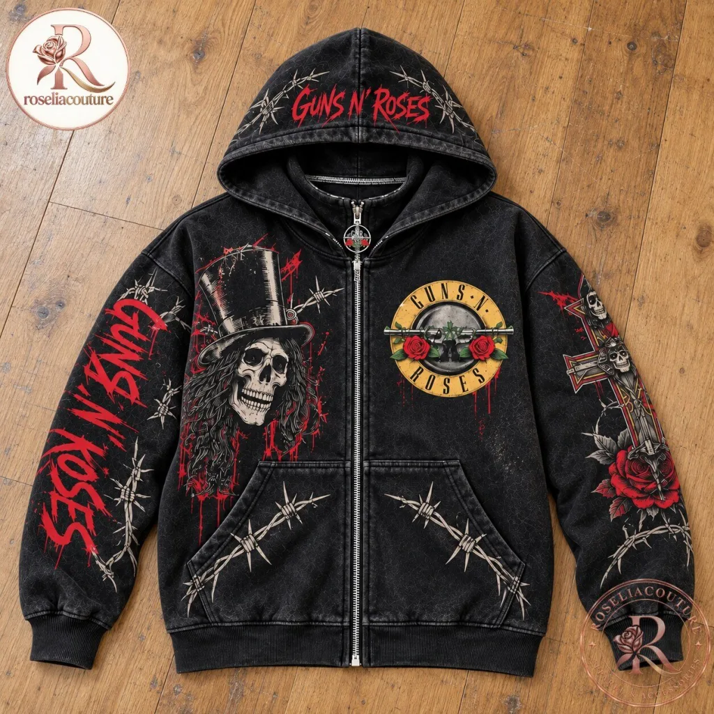 "Rock in Style: Guns N Roses Skull and Rose Hoodie Sale" 17 Guns N Roses Zip Up Mask Hoodie with Skull and Rose Graphics