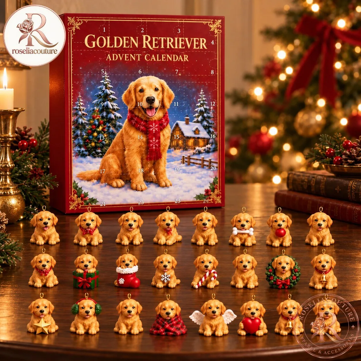 Golden Retriever Advent Calendar 2026 with 24 Christmas Ornaments