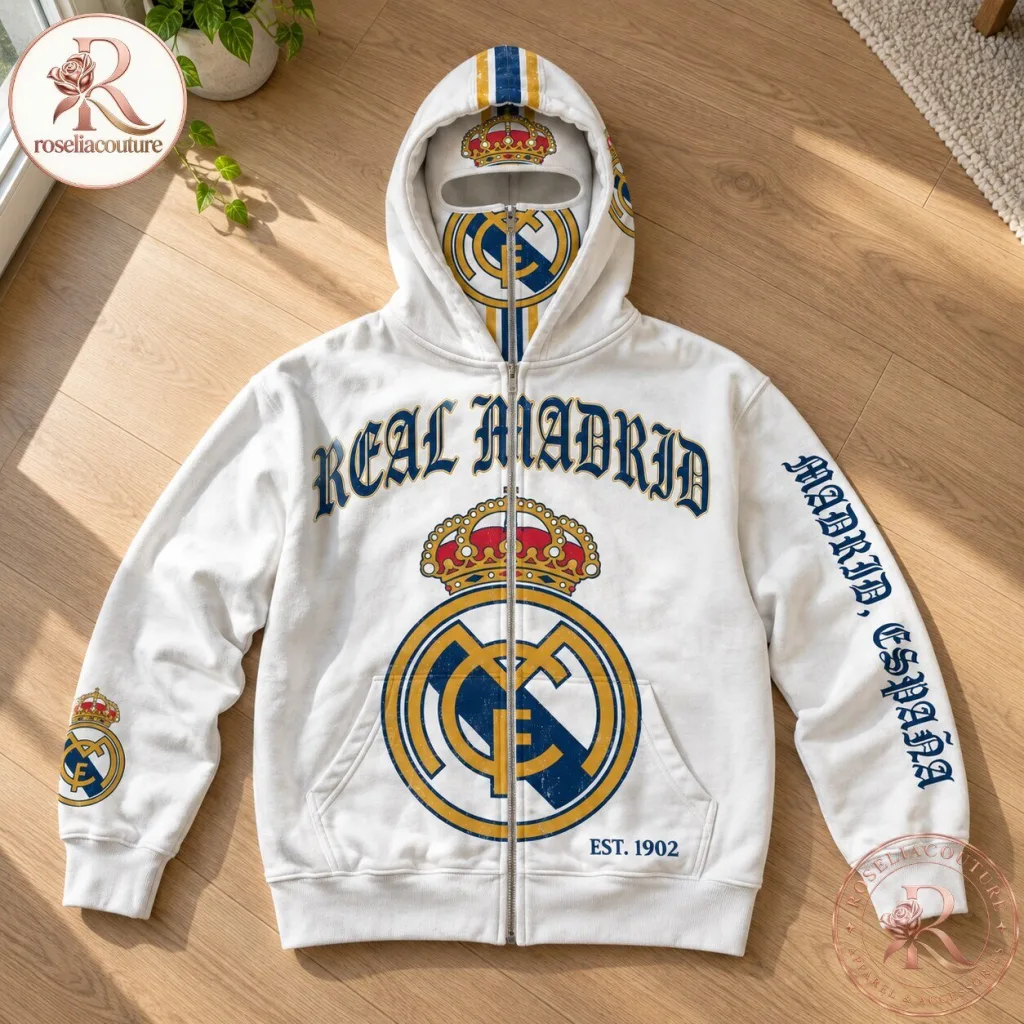 "Stay Stylish: Real Madrid Vintage Hoodie with Built-In Face Mask" 6 Real Madrid Vintage Zip Up Hoodie with Built In Face Mask